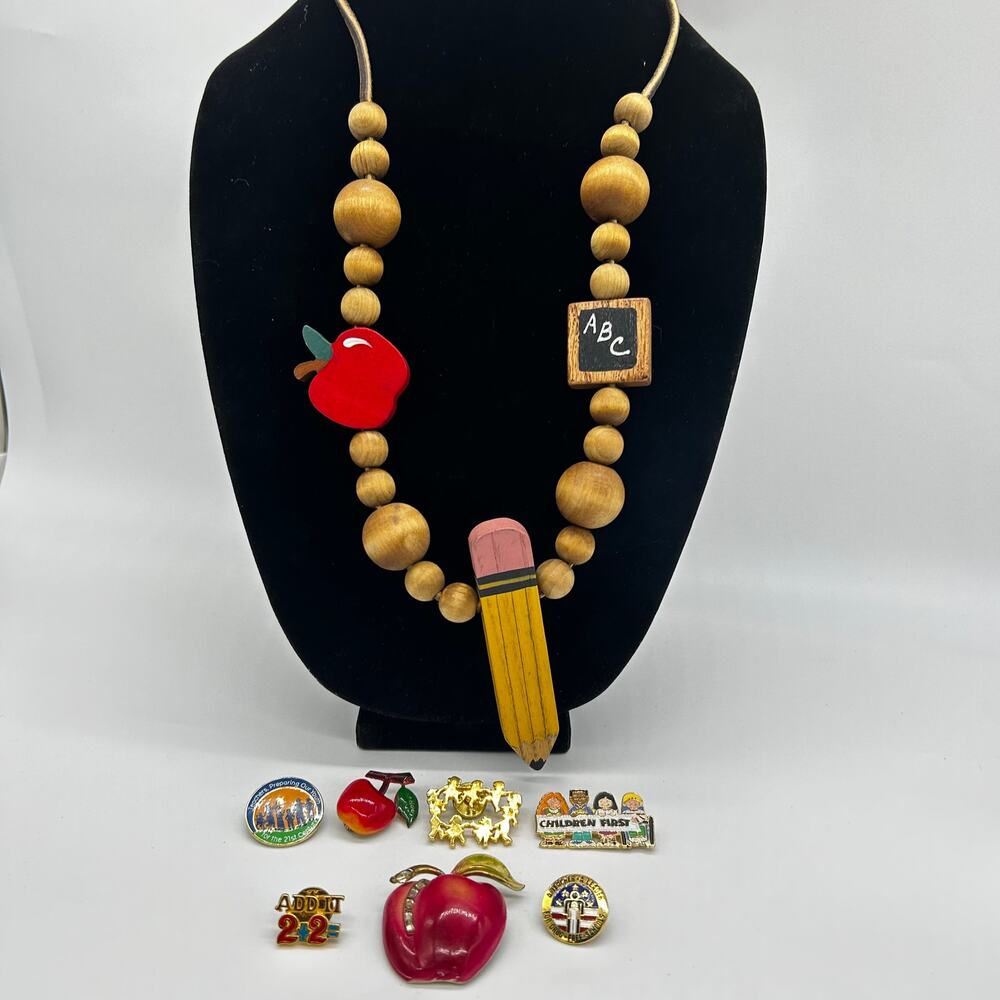Vintage Teacher Jewelry Lot Necklace Brooch Pins 90s School Apple Estate Bundle